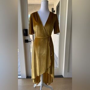 Lulu's Mustard Gold Velvet Wrap Midi Dress